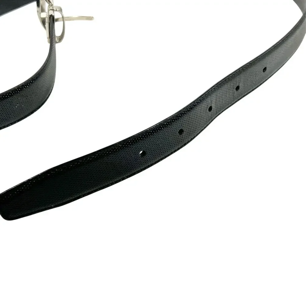 Montblanc Men Textured Black Leather Belt Silver Square Buckle 46